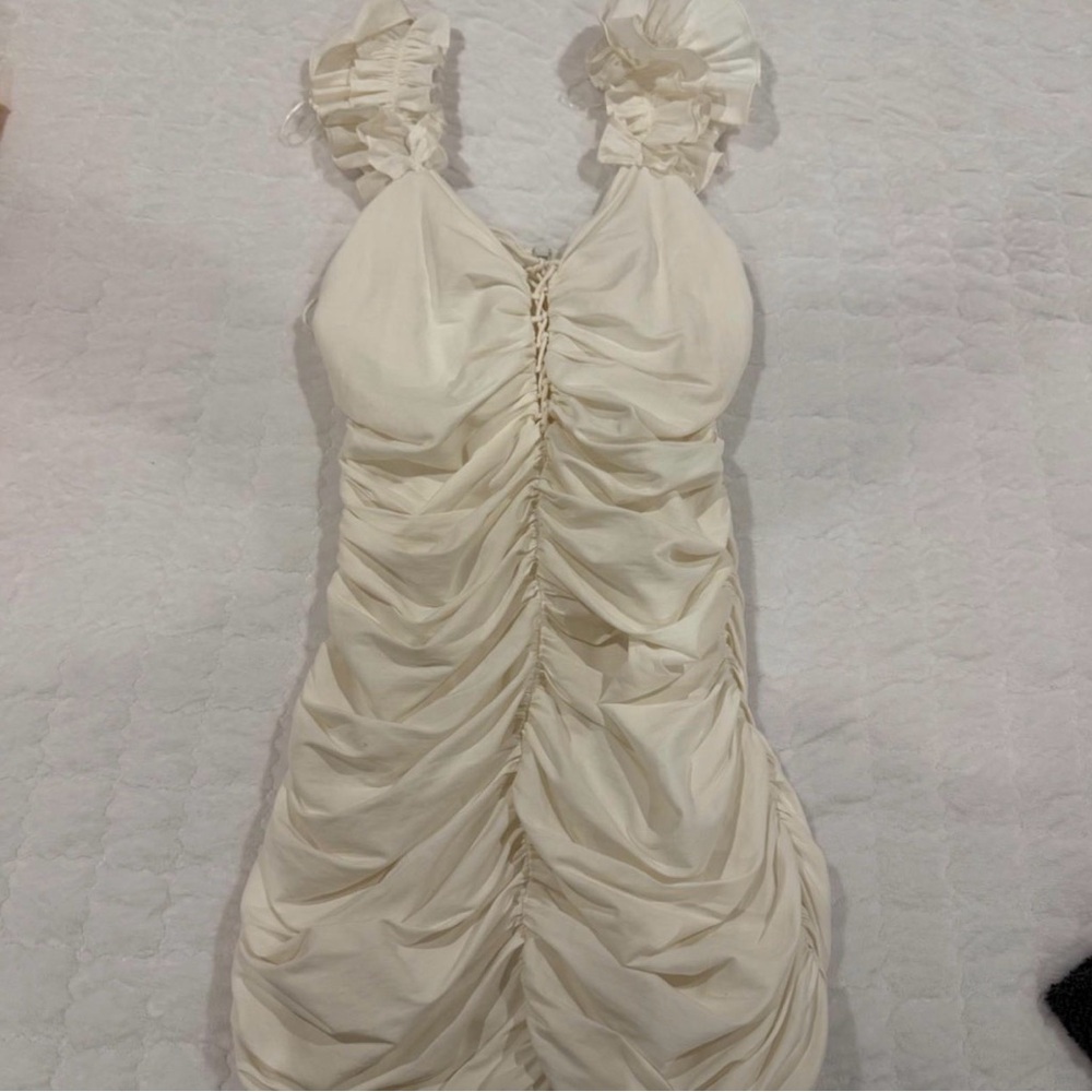 Zara White Ruffled Mini Dress Medium - Picture 3 of 5